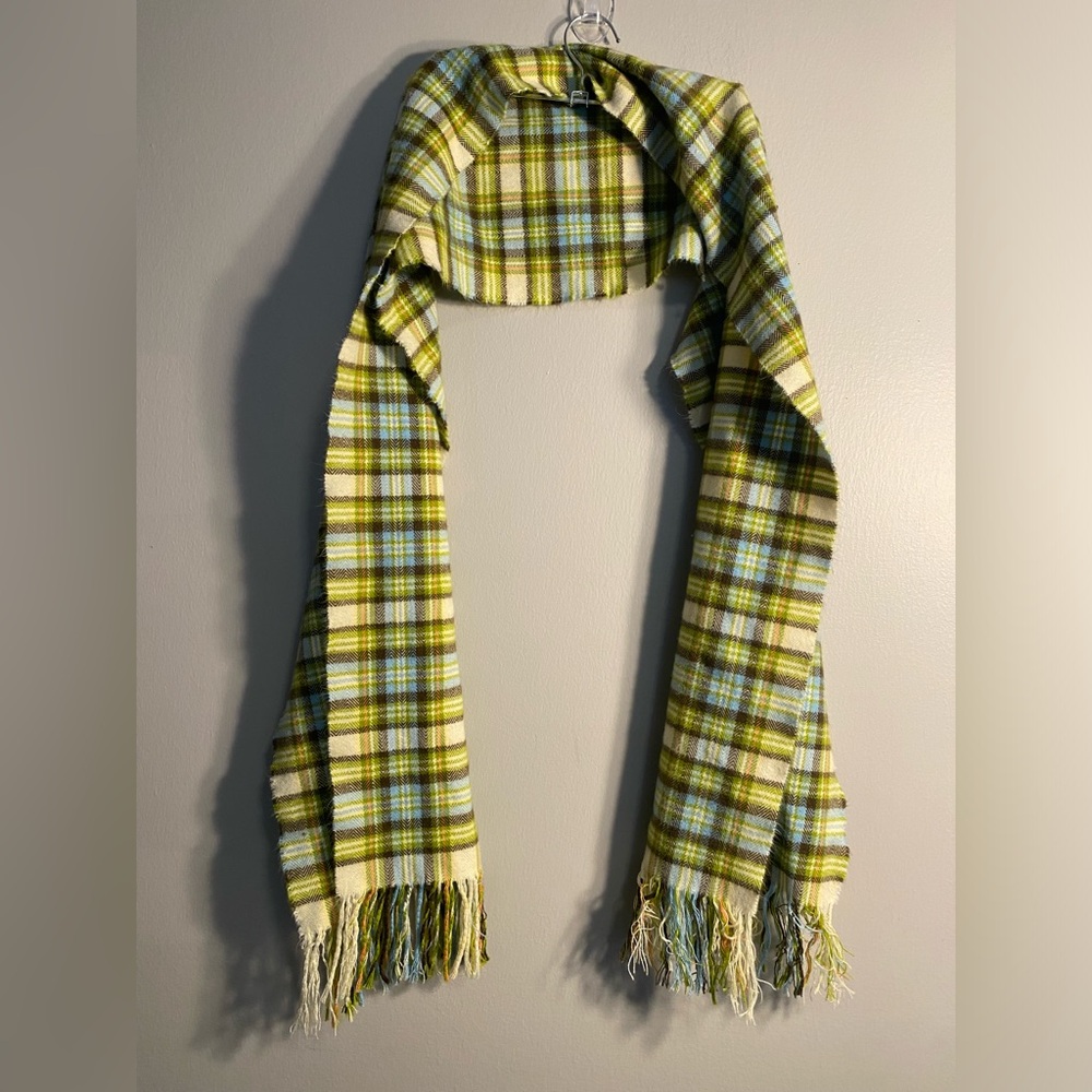 Item 114 100% Cashmere Plaid Fringe Scarf in Lime Green & Sky Blue
